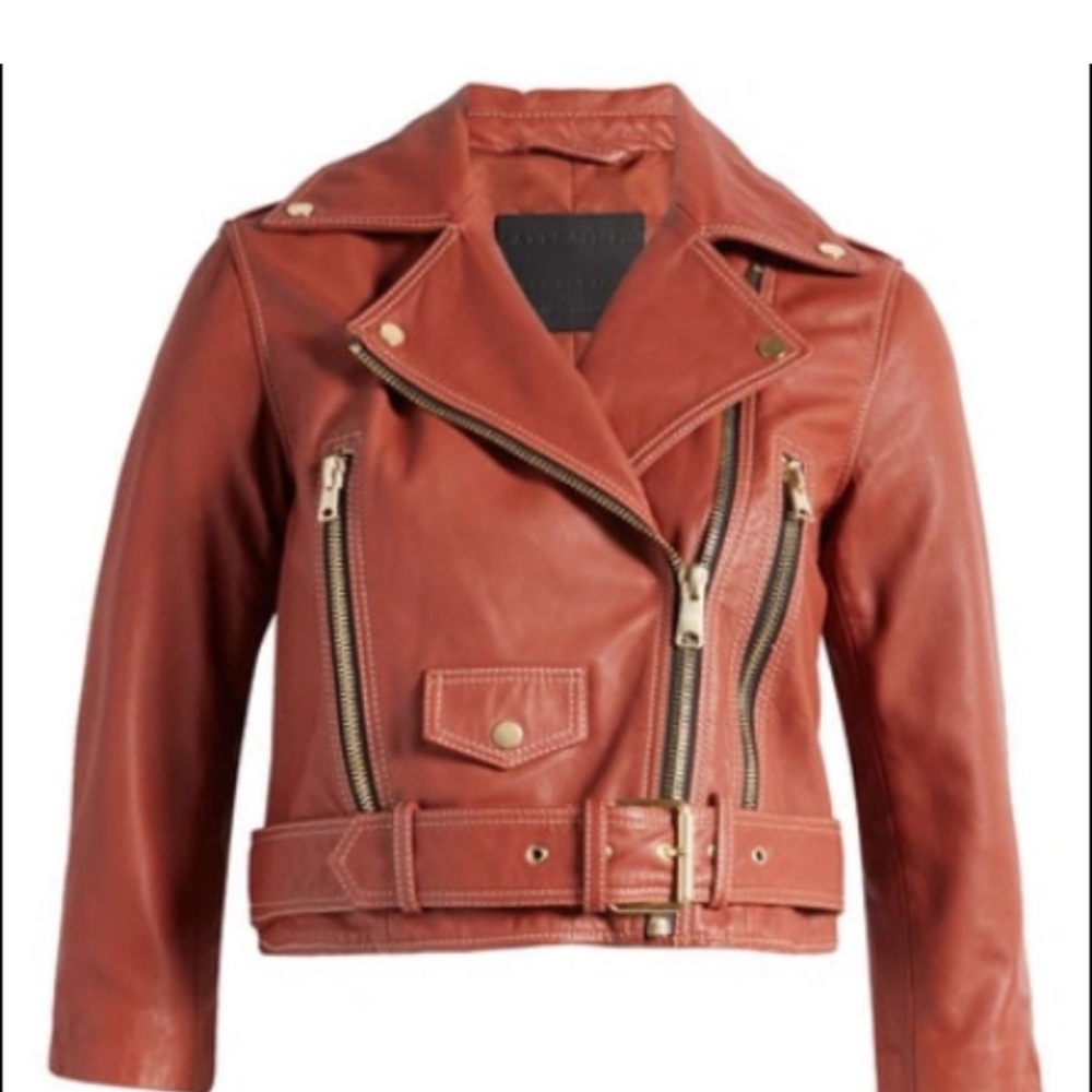 All Saints Brown Leather Moto Jacket Asymmetrical Zipper